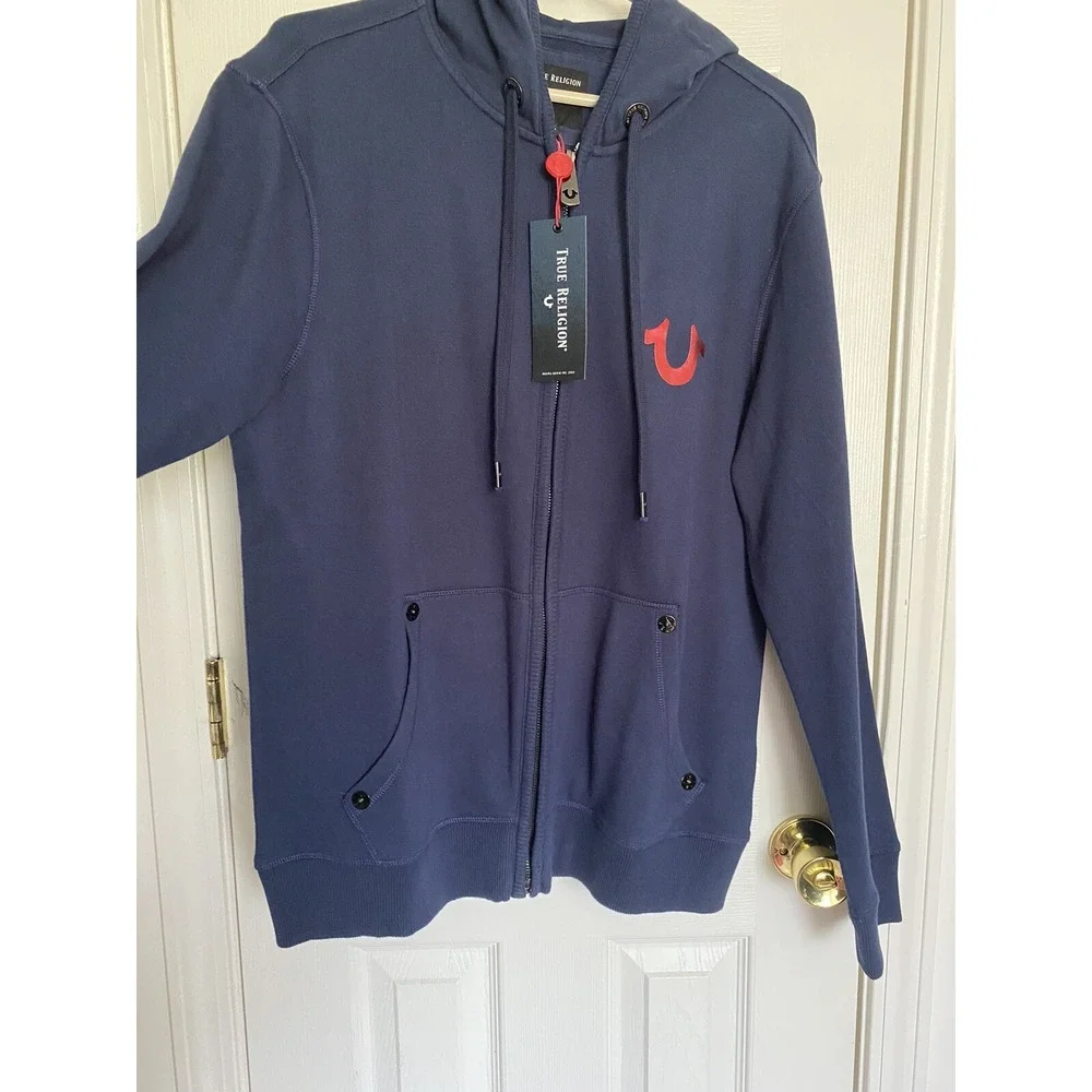 True Religion Mens Navy Blue Zip Up Hoodie Buddha World Tour Graphic Size M‎